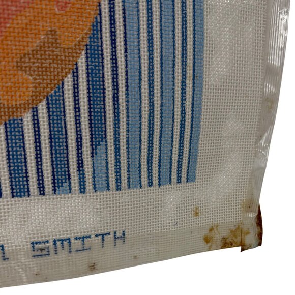 Vintage Jean Smith Orange Blue Stripe Floral Needlepoint Art Canvas Fruit 18" - Picture 4 of 4